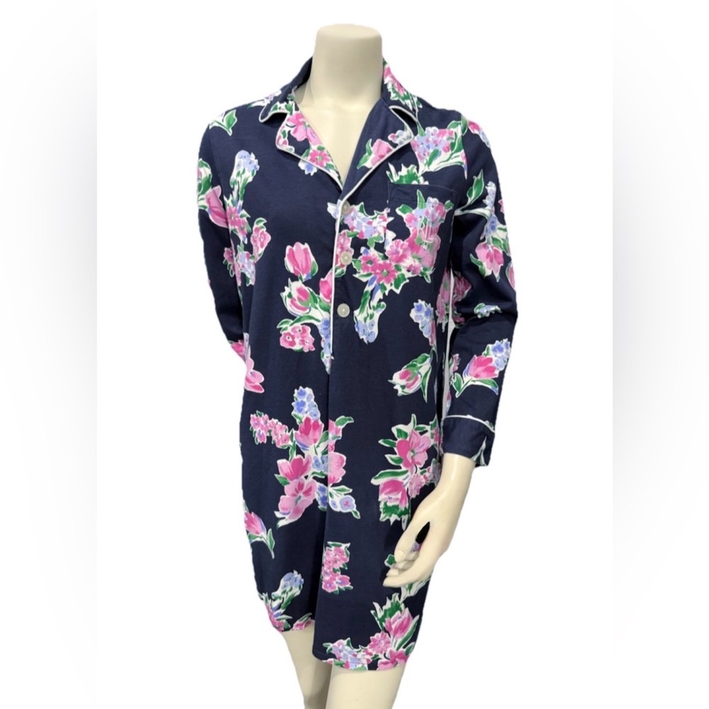 Lauren Ralph Lauren Floral Cotton Sleep Shirt Nightgown Navy Size Small